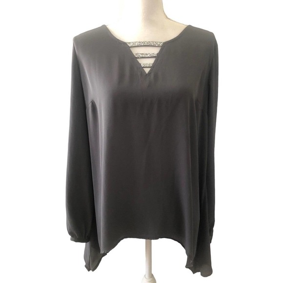 Juicy Couture Tops - Juicy Couture Gray Chiffon Long Sleeve Blouse With Silver Stones At Neckline XL